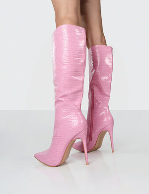 Horizon Pink Croc PU Stiletto Knee High Boots