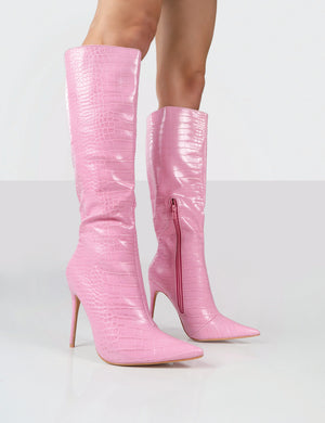 Horizon Pink Croc PU Stiletto Knee High Boots