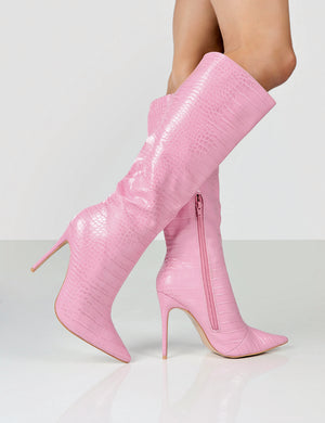 Horizon Pink Croc PU Stiletto Knee High Boots