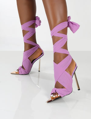 Huni Lilac Ribbon Tie Up Gold Stiletto Heels