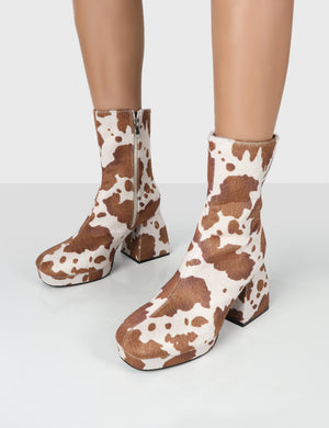 Imagine Brown Cow Print Chunky Block Heel Ankle Boots
