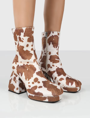 Imagine Wide Fit Brown Cow Print Chunky Heel Ankle Boots