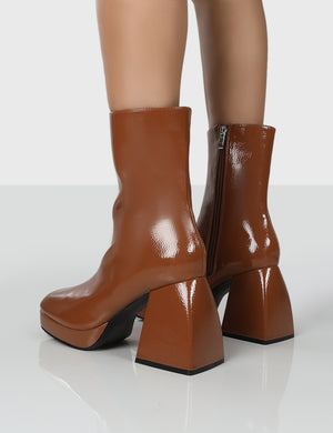Imagine Camel Patent Chunky Heel Ankle Boots