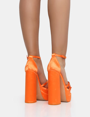 Enya Orange Satin Strappy Buckle Square Toe Platform Block Heels