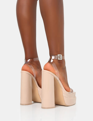 Calla Nude Patent Barely There Clear Square Toe Platform Heels