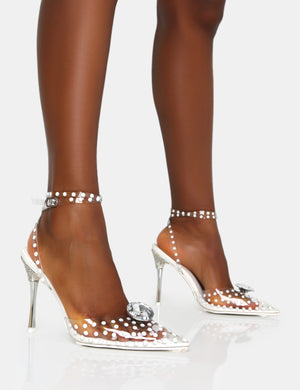 Asscher White Pearl Detail Diamante Broach Clear Perspex Wrap Around Pointed Court Stiletto Heels