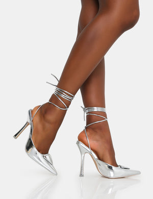 Vada Silver Mirror Slingback Lace Up Pointed Court Stiletto Heels