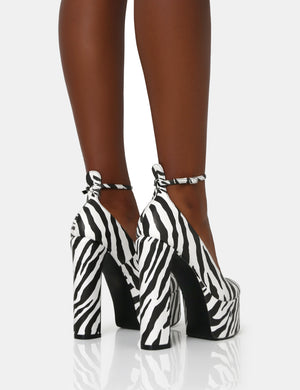 Donatella Zebra Print Ankle Strap Rounded Toe Platform Block Heels