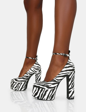 Donatella Zebra Print Ankle Strap Rounded Toe Platform Block Heels