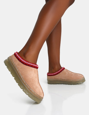 Nala Beige Faux Suede Embroidered Slipper Platform Boots