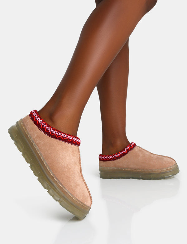 Nala Beige Faux Suede Embroidered Slipper Platform Boots