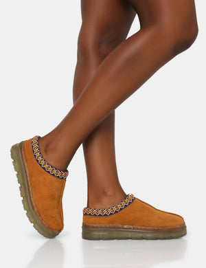 Nala Tan Faux Suede Embroidered Slipper Platform Boots
