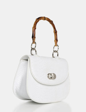 The Kalena White Croc Bamboo Handle Mini Bag