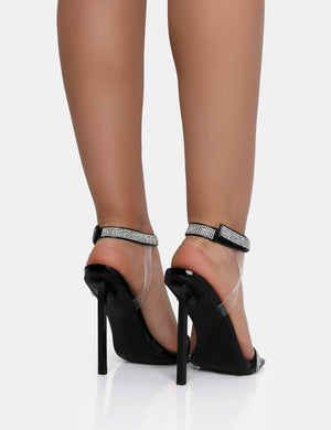 Afterglow Black Patent Barely There Diamante Strap Square Toe Stiletto Heels