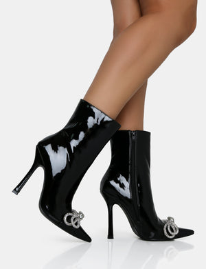 Orla Black Patent Diamante Bow Pointed Toe Stiletto Ankle Boots