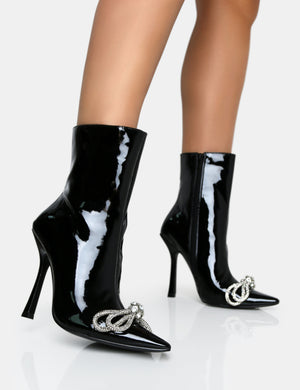 Orla Black Patent Diamante Bow Pointed Toe Stiletto Ankle Boots