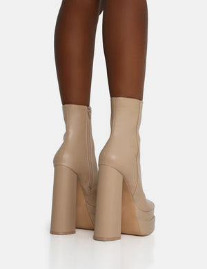 Supine Nude PU Chunky Heeled Platform Ankle Boots