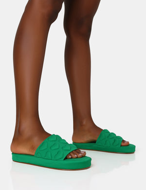 Bestie Green Nylon Embossed Heart Slider Sandals