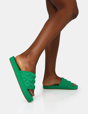 Bestie Green Nylon Embossed Heart Slider Sandals