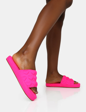Bestie Neon Pink Nylon Embossed Heart Slider Sandals