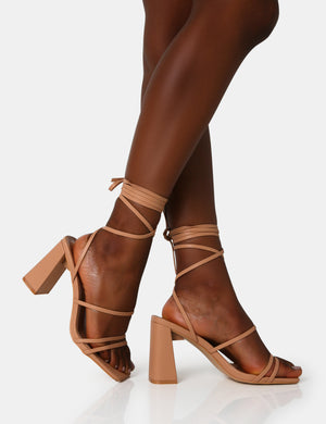 Natty Wide Fit Nude Pu Lace Up Square Toe Mid Block Heels