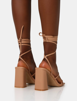 Natty Wide Fit Nude Pu Lace Up Square Toe Mid Block Heels Public Desire