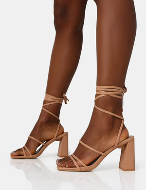 Natty Wide Fit Nude Pu Lace Up Square Toe Mid Block Heels