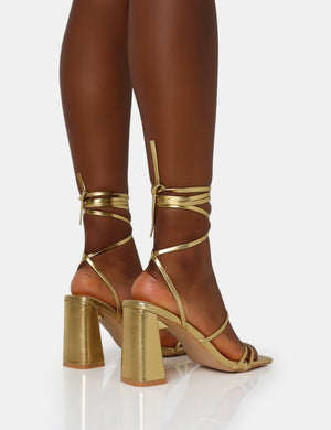 Natty Gold Pu Lace Up Square Toe Mid Block Heels