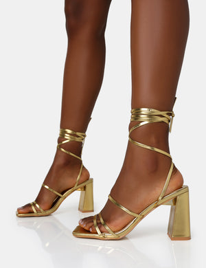 Natty Gold Pu Lace Up Square Toe Mid Block Heels