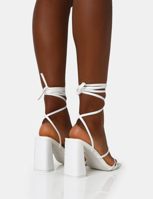 Natty White Pu Lace Up Square Toe Mid Block Heels