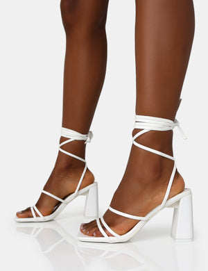 Natty White Pu Lace Up Square Toe Mid Block Heels