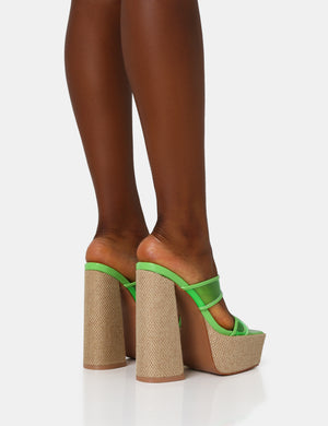 Carley Neon Lime Perspex Mule Square Toe Platform Raffia Block Heels