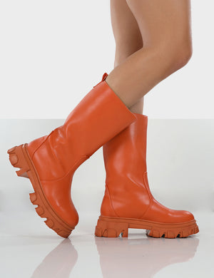 Jolie Orange Pu Knee High Chunky Sole Long Boots