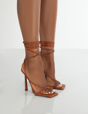 Lacey Tan Square Toe Strappy Lace Up Stiletto Heels