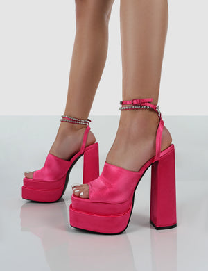 Lilibet Pink Satin Diamante Lace Up Strappy Open Toe Statement Platform Block Heels