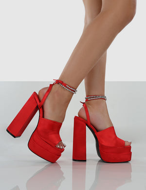 Lilibet Red Satin Diamante Lace Up Strappy Open Toe Statement Platform Block Heels