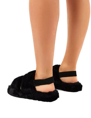 Lullaby Black Fluffy Strap Back Slippers