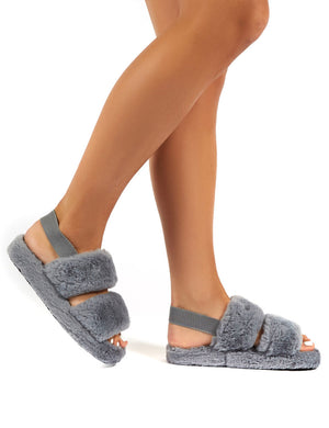 Lullaby Grey Fluffy Strap Back Slippers