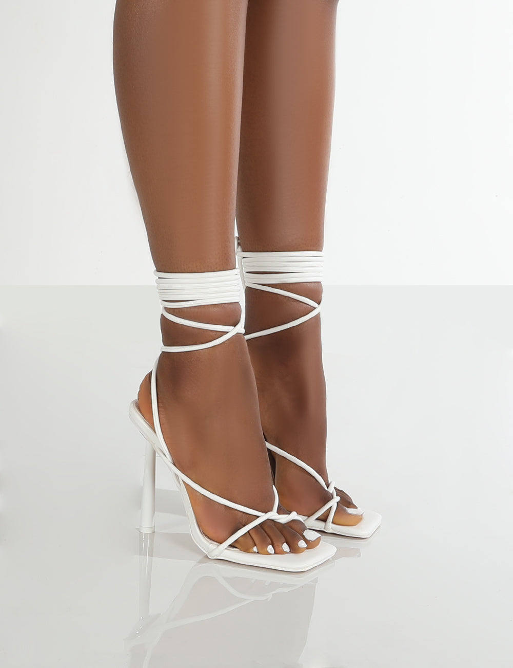 Lacey White Square Toe Strappy Lace Up Heels Public Desire