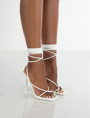 Lacey White Square Toe Strappy Lace Up Stiletto Heels