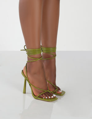 Lacey Olive PU Square Toe Strappy Lace Up Stiletto Heels