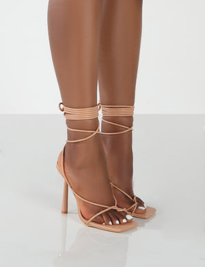 Lacey Nude PU Square Toe Strappy Lace Up Stiletto Heels