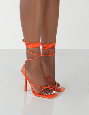 Lacey Orange Patent Square Toe Strappy Lace Up Stiletto Heels