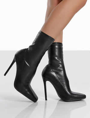 Lars Black Pu Wide Fit Sock High Heeled Stiletto Ankle Boots