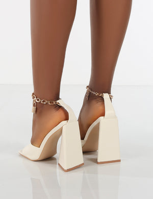 Masie Off White Lock Chain Detail Anklet Strap Block Heels