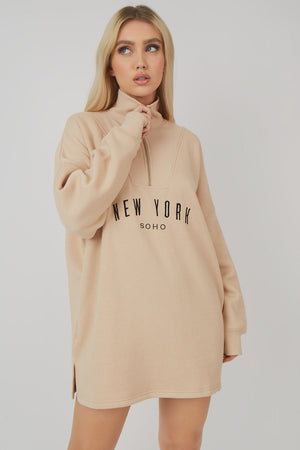 Oversize Half Zip Pullover Sweater Dress Stone