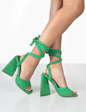 Mojito Green Towelling Lace Up Pyramid Block Heels