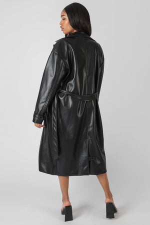 Longline Pu Belted Trench Coat Black