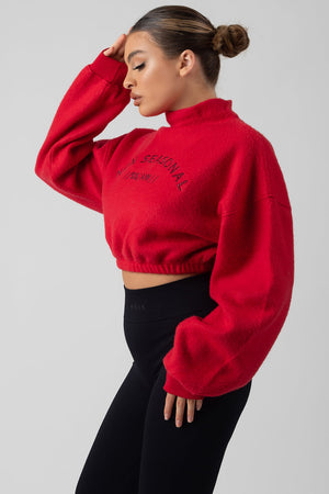 Oversized High Neck Embroidered Slogan Cropped Sweatshirt Red