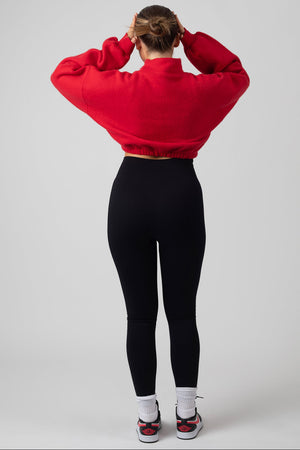 Oversized High Neck Embroidered Slogan Cropped Sweatshirt Red